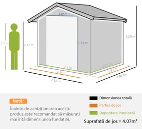 Outsunny Magazie de Gradina Suport pentru unelte din Otel cu Usi Glisante si Orificii de Aerisire, 196x236x208cm, Maro | Aosom Romania