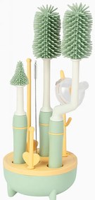 Kit 8 piese curatare biberoane si accesorii Kidizi Green include perii silicon si suport de uscare