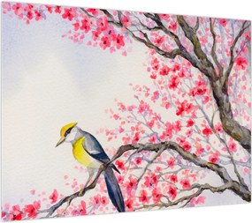 Tablou pe sticlă - Pasăre pe un copac cu flori roșii (70x50 cm)