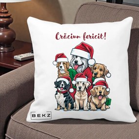 Perna Decorativa Caini cu Bonete Craciun Fericit, 40x40 cm, Alba Mata, Husa Detasabila, Perna Inclusa, BEKZ®