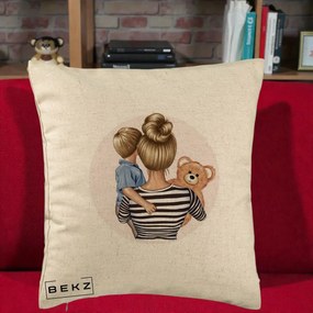 Cadou pentru Mama - Perna Personalizata Mama si Baietelul cu Ursulet, 40x40 cm, Bej, Husa Detasabila, Perna Inclusa, BEKZ®