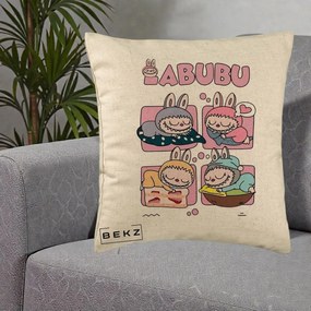 Perna Personalizata Labubu Sleeping Quad Grid, 40x40 cm, Bej, Husa Detasabila, Perna Inclusa, BEKZ®