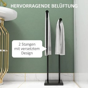 HOMCOM Suport Prosoape cu 2 Brațe, Suport Baie din Metal, 35,5x20x78 cm, Negru | Aosom Romania