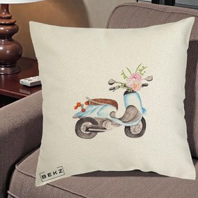 Perna Decorativa Scuter Albastru cu Flori Acuarela, 40x40 cm, Ecru, Husa Detasabila, Perna Inclusa, BEKZ®
