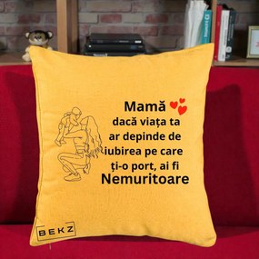 Cadou pentru Mama - Perna Personalizata Mama Nemuritoare Portret Graphic, 40x40 cm, Galben, Husa Detasabila, Perna Inclusa, BEKZ®