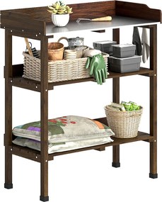 Outsunny Masă de grădină din lemn cu suprafață metalică, rafturi și cârlige pentru grădină, terasă 76x37x89 cm Carbonizat | Aosom Romania