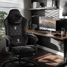 DOWINX Scaun gaming, ergonomic, Incalzire si Masaj cu Role in perna lombara, Șezut cu Arcuri Metalice și Spumă, rabatabil 90°-135°, Suport picioare, rezistent 150 kg, material textil, Negru