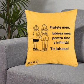 Cadou pentru Frate - Perna Personalizata Fratele Meu Te Iubesc Copii Tinand Maini Line Art, 40x40 cm, Galben, Husa Detasabila, Perna Inclusa, BEKZ®