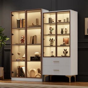 Set de Vitrine Moderne cu Iluminare LED și Rafturi Reglabile, potrivite pentru living, birou, din Sticlă, 80x40x160 cm + 70x35x150 cm, Alb