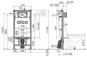 Set ramă de montaj cu rezervor și clapetă de acționare cu butoane rotunde, negru mat, Alcadrain și vas WC suspendat Fluminia, Alfonzo