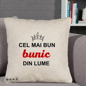 Cadou pentru Bunic - Perna Personalizata Cel Mai Bun Bunic Din Lume Coroana Rosu, 40x40 cm, Bej Canapea, Husa Detasabila, Perna Inclusa, BEKZ®