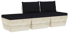 Set mobilier gradina din paleti, cu perne, 3 piese, lemn molid Negru, 2x mijloc + suport pentru picioare, 1
