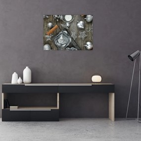 Tablou pe sticlă - decorațiuni argintii de Crăciun (70x50 cm)