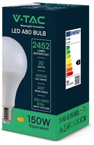 Bec LED E27, 20W (150W), V-TAC, A80, 2452lm, Lumina Neutra (4000K)