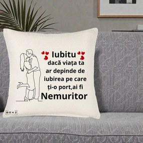 Cadou pentru Iubit - Perna Personalizata Iubitu Nemuritor cu Cuplu Line-Art si Inimi Rosii, 40x40 cm, Crem Reliefat, Husa Detasabila, Perna Inclusa, BEKZ®