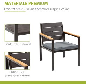 Salon de Gradina Outsunny Set 4 Piese cu 1 Canapea, 2 Fotolii si 1 Masuta, Mobilier de Gradina din Otel si Plastic, Maro