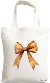 Sacosa de Panza pentru Cumparaturi, Geanta Tote, model Rosegold bow 38 x 34.5 cm, Alba, BEKZ®