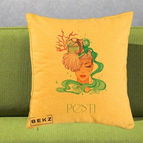 Perna Personalizata Zodiac Pesti Cowgirl, 40x40 cm, Galben, Husa Detasabila, Perna Inclusa, BEKZ®