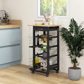 HOMCOM Carucior de Bucătărie cu Roți Carucior Multiusos cu Sertar 4 Coșuri Detașabile de Metal și Rafturi 47x37x83 cm Negru | Aosom Romania