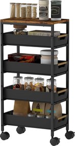 HOMCOM Cărucior de bucătărie cu 5 niveluri și 4 coșuri detașabile, din metal, PP și PAL, 39,5x24x82 cm, negru/stejar | Aosom Romania