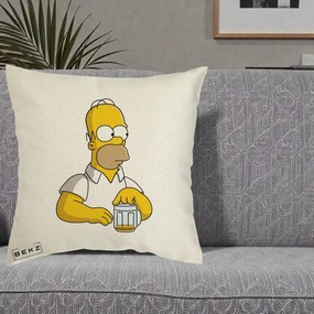 Perna Personalizata Homer Simpson cu Bere, 40x40 cm, Ecru, Husa Detasabila, Perna Inclusa, BEKZ®