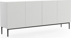 Comodă Nicole 200 cm cu patru uși, fronturi riflate - alb mat / picioare negre