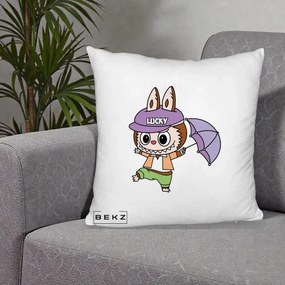 Perna Personalizata Labubu Lucky cu Umbrela, 40x40 cm, Alb Pufos, Husa Detasabila, Perna Inclusa, BEKZ®