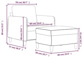 Fotoliu canapea cu taburet, gri deschis, 60 cm, catifea Gri deschis, 78 x 77 x 80 cm