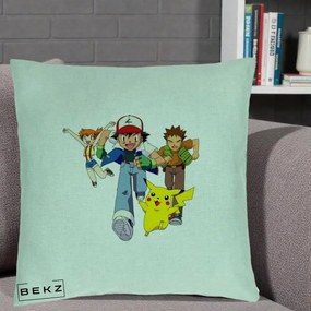 Perna Personalizata Pokemon Ash Misty Brock si Pikachu, 40x40 cm, Verde Menta, Husa Detasabila, Perna Inclusa, BEKZ®