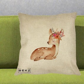 Perna Decorativa Caprioara cu Flori in Coama, 40x40 cm, Crem, Husa Detasabila, Perna Inclusa, BEKZ®