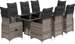 vidaXL Set bistro de grădină cu perne, 9 piese, gri, poliratan
