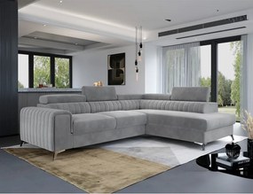 Colțar gri extensibil/cu spațiu de depozitare cu tapițerie din catifea (cu colț pe partea dreaptă/în formă de ”L”) Laurence – ELTAP