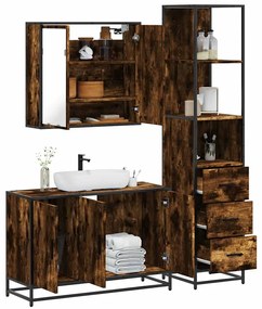 vidaXL Set mobilier de baie, 3 piese, stejar fumuriu, lemn prelucrat