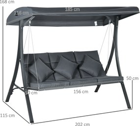 Outsunny Balansoar pentru Exterior de Grădină cu 3 Locuri și Acoperiș Reglabil, Perne Decorative, 202x115x168 cm, Gri | Aosom Romania