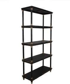 Bibliotecă vintage din lemn masiv, negru, cu 4 rafturi deschise și coloane strunjite cu inele aurii, 210 x 110 x 40 cm, „Noire”