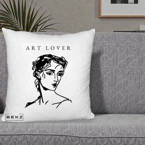 Perna Decorativa Art Lover Portret Grafic, 40x40 cm, Alb Pufos, Husa Detasabila, Perna Inclusa, BEKZ®