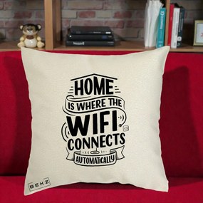Perna Decorativa Home Is Where WiFi Connects, 40x40 cm, Ecru, Husa Detasabila, Perna Inclusa, BEKZ®