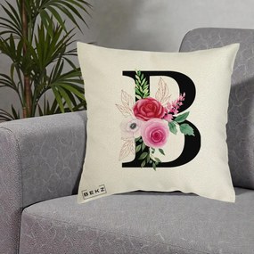 Cadou Personalizat - Perna Personalizata Monograma Florala Litera B, 40x40 cm, Ecru, Husa Detasabila, Perna Inclusa, BEKZ®