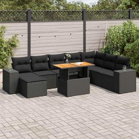 3327408 vidaXL Set mobilier grădină perne 9 piese negru poliratan/lemn acacia