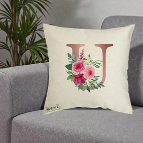Cadou Personalizat - Perna Personalizata Monograma Rose Gold Litera U, 40x40 cm, Ecru, Husa Detasabila, Perna Inclusa, BEKZ®