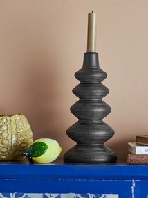 Sfeșnic din lemn, negru, cu formă sculptată din inele suprapuse, finisaj lăcuit, 27,5 x 13,5 cm, „Ari”