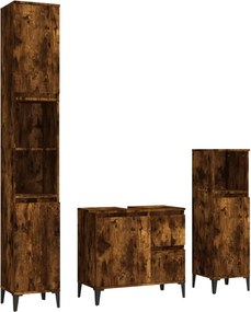 vidaXL Set dulapuri de baie, 3 piese, stejar afumat, lemn prelucrat