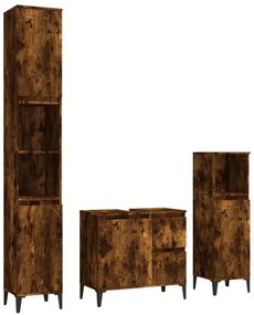 3185548 vidaXL Set dulapuri de baie, 3 piese, stejar afumat, lemn prelucrat