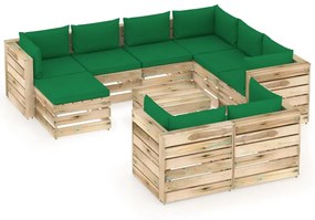 Set mobilier de gradina cu perne, 10 piese, lemn verde tratat green and brown, 10