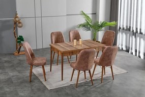 Set masa extensibila din MDF HouseXL® Wooden Luxury cu 6 scaune moi captusite , 80X130 pliata, 80X170 extinsa, pentru living si bucatarie, Nuc Natur