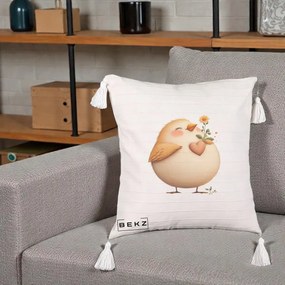 Perna Decorativa Pui cu Inima si Floarea-Soarelui, 40x40 cm, Bej cu Franjuri, Husa Detasabila, Perna Inclusa, BEKZ®