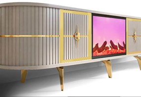 Comoda TV cu șemineu electric și riflaje, boxe Bluethooth, telecomandă, Bej/Auriu, 180x40x50cm