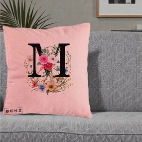 Cadou Personalizat - Perna Personalizata Monogram Litera M cu Flori Acuarela, 40x40 cm, Roz, Husa Detasabila, Perna Inclusa, BEKZ®