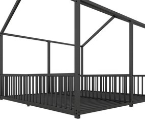 Pat dublu pentru copii 90x200 cm, formă de casă, cu barieră de siguranță, fără saltea, Negru