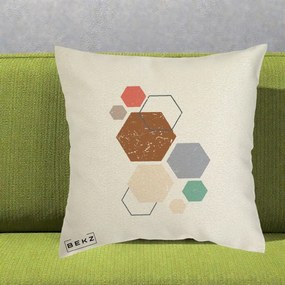 Perna Decorativa Geometric Hexagoane Multicolor, 40x40 cm, Ecru, Husa Detasabila, Perna Inclusa, BEKZ®